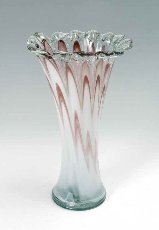 Appraisal: MURANO ART GLASS VASE Ruffled rim fluted body with pinks