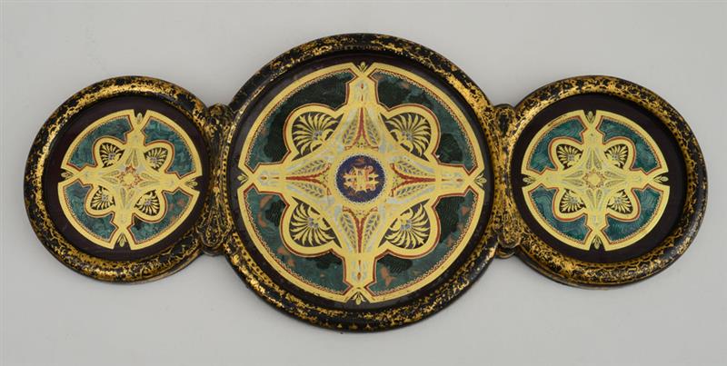 Appraisal: VICTORIAN GILT AND BLACK-PAINTED REVERSE PAINTING ON GLASS THREE-SECTION TRAY