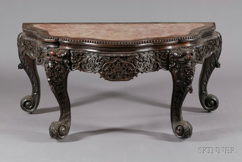 Appraisal: Rosewood Demilune Table China th century cabriole legs carved with