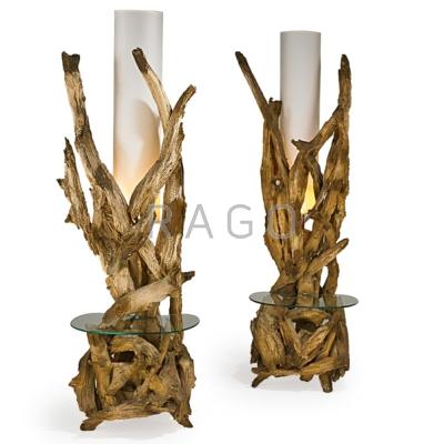 Appraisal: AMERICAN Pair of antiqued driftwood lamp tables USA s Polychromed