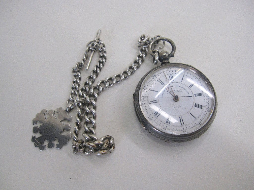 Appraisal: Silver cased chronograph by H Kauffman Manchester on silver Albert