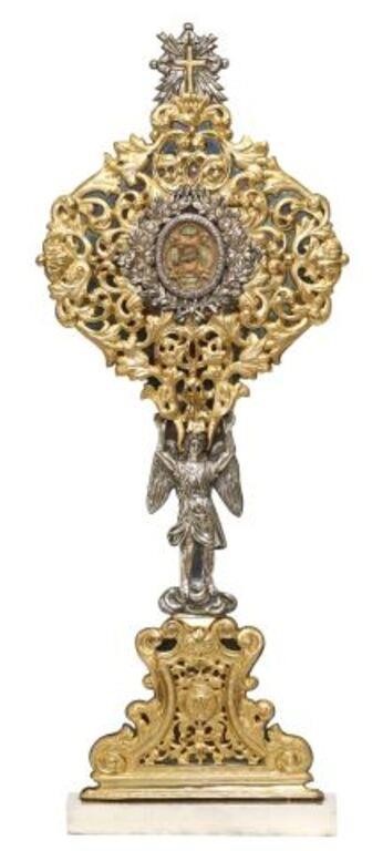 Appraisal: Continental altar reliquary repousse gilt and silver-tone metal mountings cross