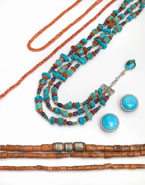 Appraisal: Turquoise and Multi-gem Necklace A three-strand necklace consisting of turquoise