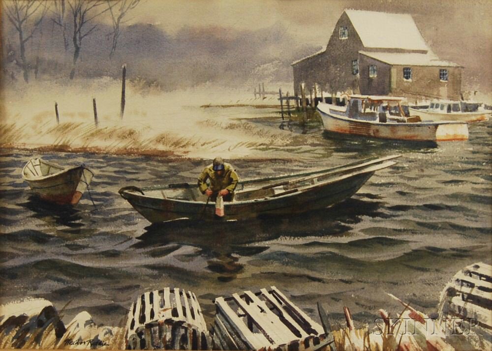 Appraisal: MacIvor Reddie American - Lobsterman Tending a Buoy in Winter