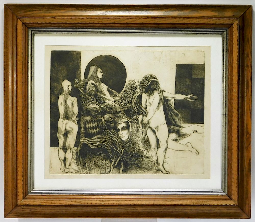 Appraisal: Modern Surrealist Nude Pharaoh Figurative Etching Modern Surrealist Nude Pharaoh