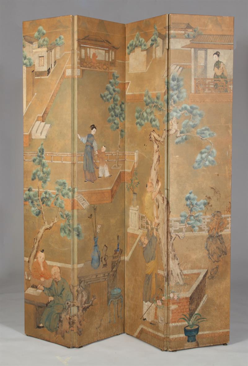 Appraisal: CHINESE EXPORT PAINTED EIGHT-PANEL SCREEN Depicting figures in period costume