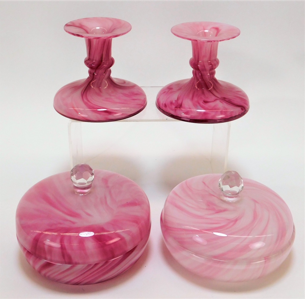 Appraisal: PR RUCKL PINK BOHEMIAN ART GLASS BOX CANDLE GROUP Bohemia