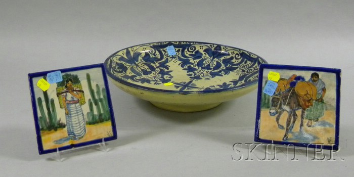 Appraisal: Blue and White Decorated Pottery Bowl and Two Tiles possibly