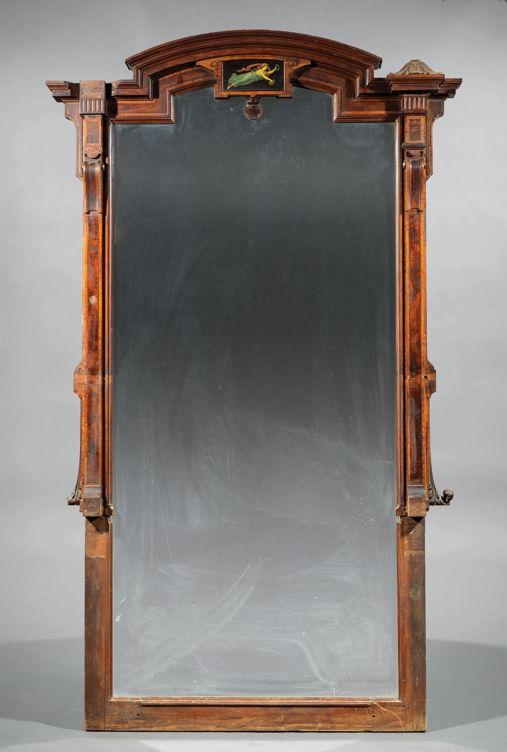 Appraisal: American Renaissance Paint-Decorated Mahogany and Maple Hall Mirror c attr