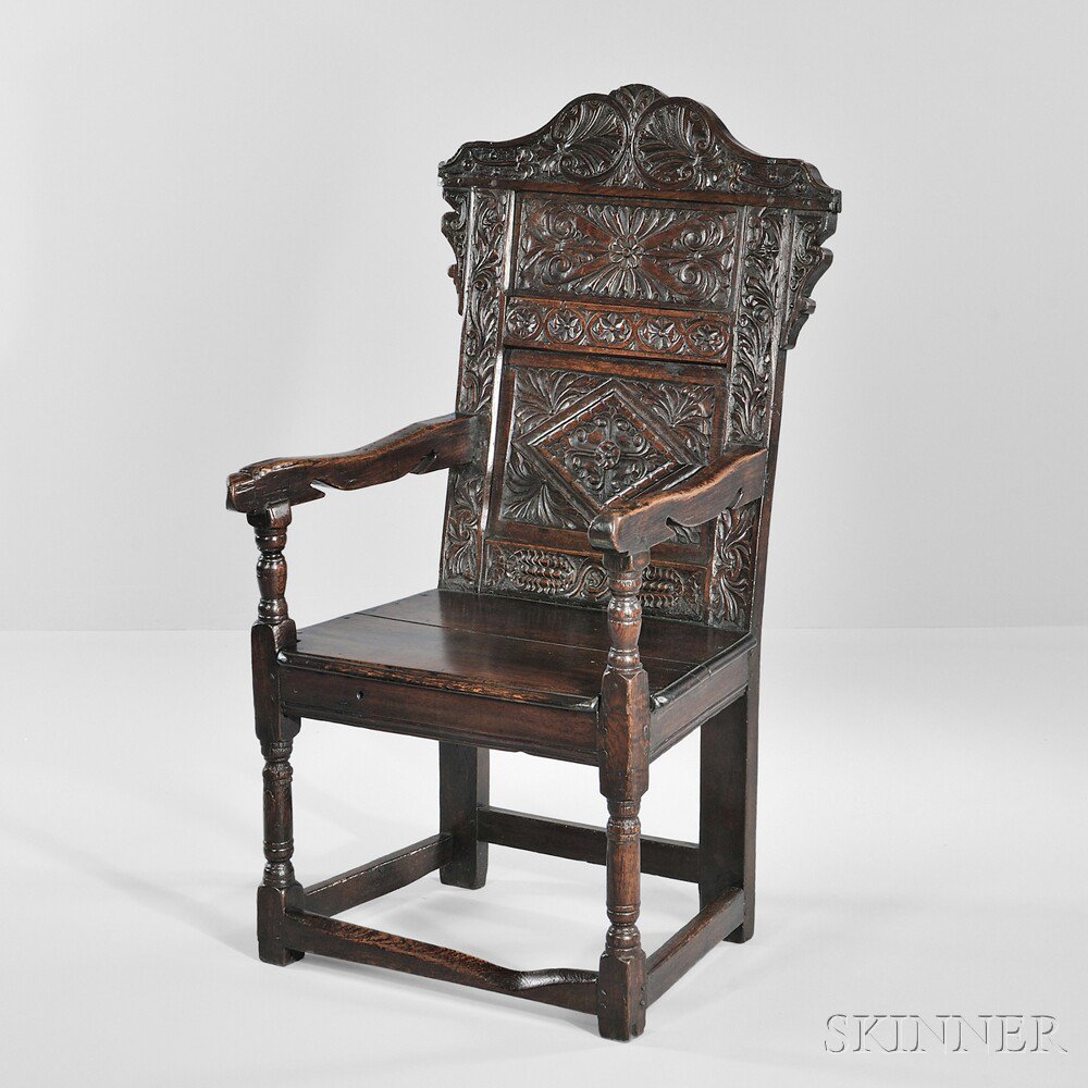 Appraisal: Carved Oak Joined Chair England th century shaped and heavily