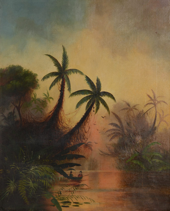 Appraisal: PRIMITIVE NAIVE TROPICAL PAINTING SIGNED T HICKS Scene Depicts a