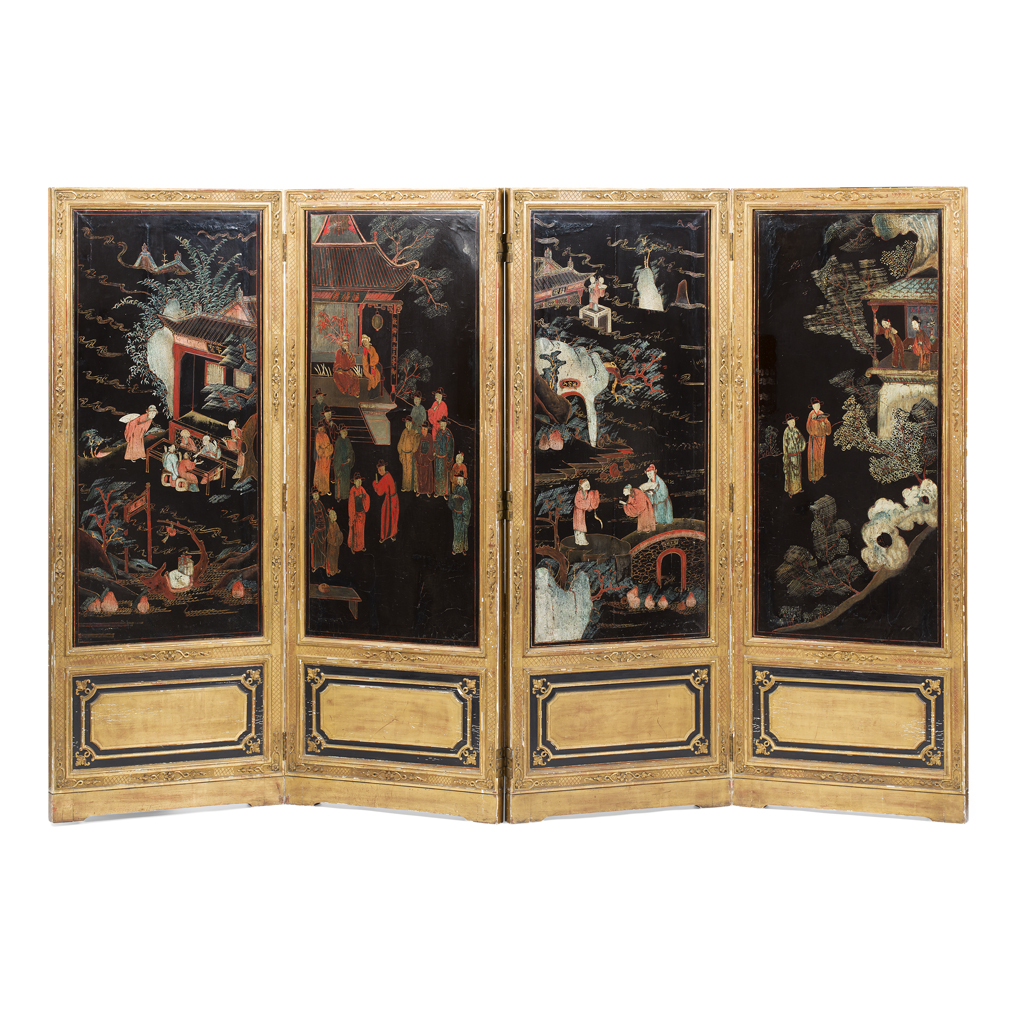 Appraisal: SET OF FOUR POLYCHROME LACQUER PANELS MING QING DYNASTY TH