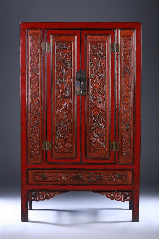 Appraisal: CHINESE RED LACQUER CARVED WALNUT CABINET Shanghai Jiangsu Province th