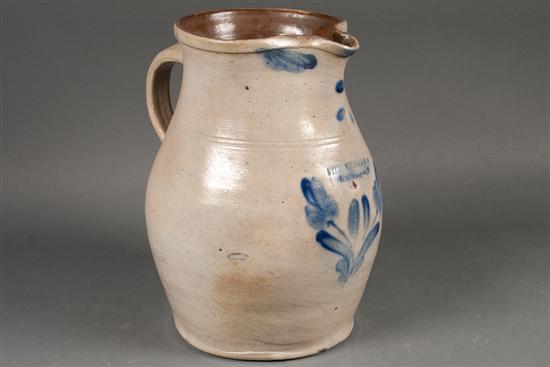 Appraisal: American cobalt decorated salt glazed stoneware batter pitcher Site Nichols