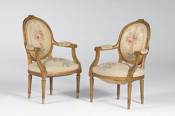 Appraisal: LOUIS XVI-STYLE FAUTEUILS IN AUBUSSON UPHOLSTERY French ca - a