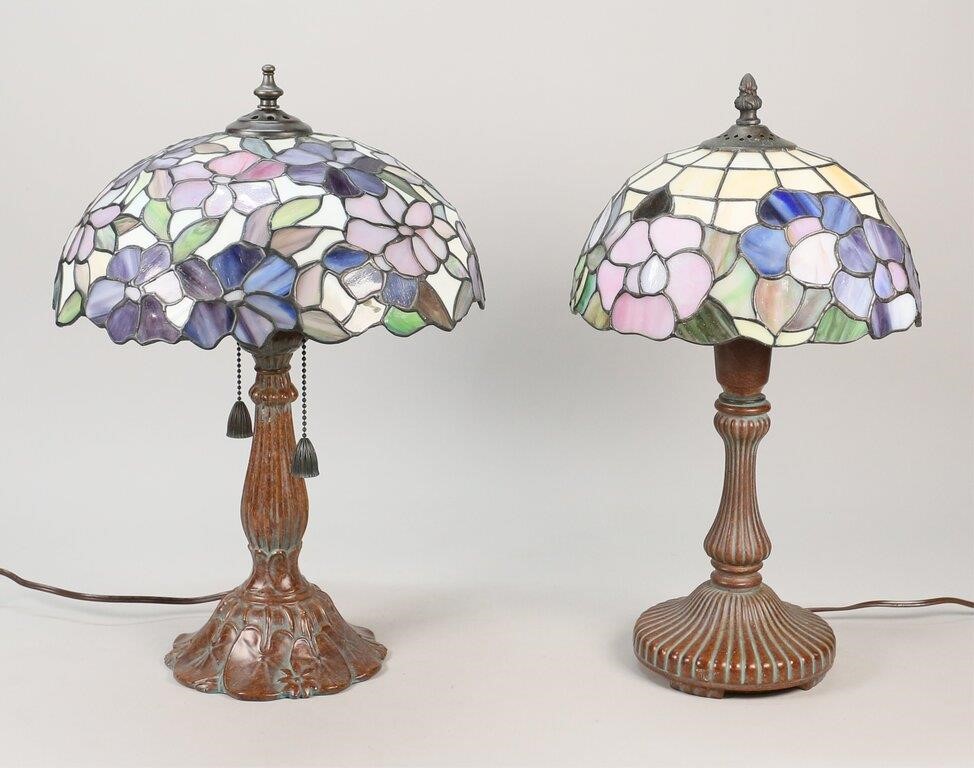 Appraisal: table lamps Patinated metal bases with Tiffany style leaded glass