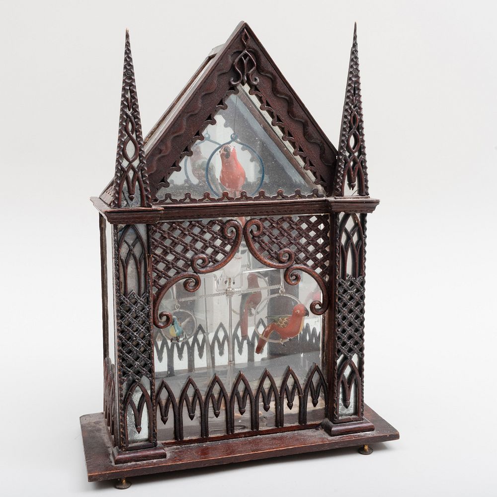 Appraisal: Neo-Gothic Stained Wood Mirror and Glass Model of a Birdcage