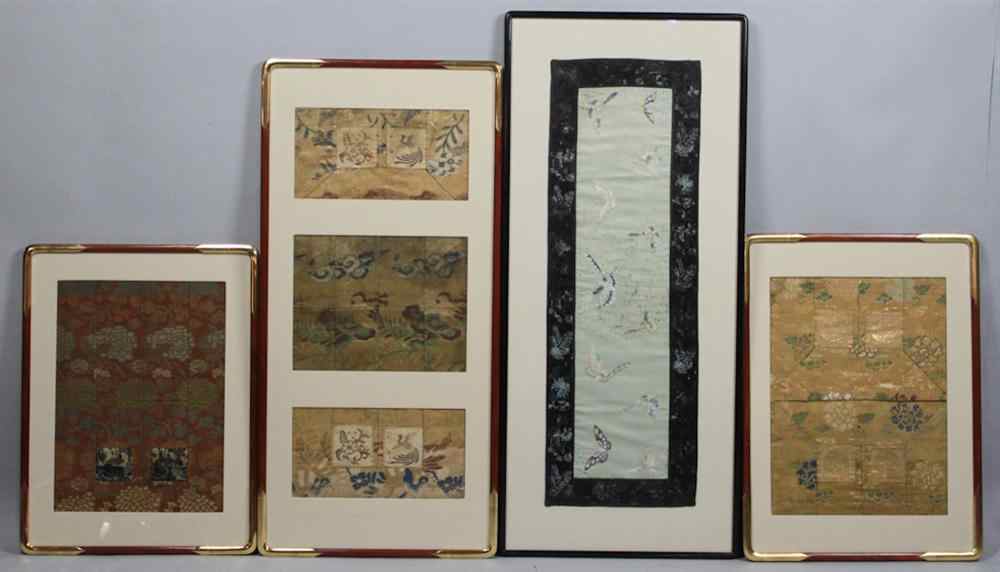 Appraisal: THREE JAPANESE SILK DAMASK FRAGMENTS each a pieced rectangle with