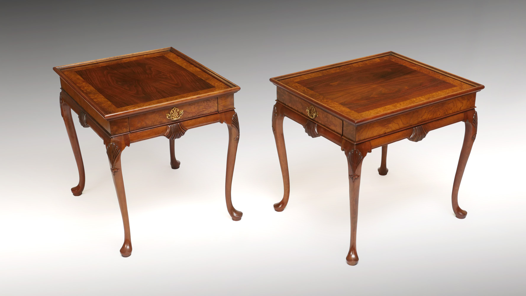 Appraisal: PAIR OF BAKER FURNITURE BURLWOOD LAMP TABLES Single drawer Burlwood