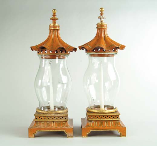 Appraisal: PAIR OF CHARLES X STYLE PAINTED TOLE AND GLASS HURRICANE