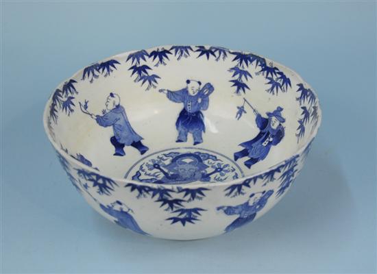 Appraisal: CHINESE BLUE AND WHITE BOWL decorated with figures in various