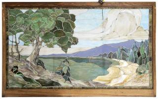 Appraisal: Large Stained Glass Landscape Window probably American early th century