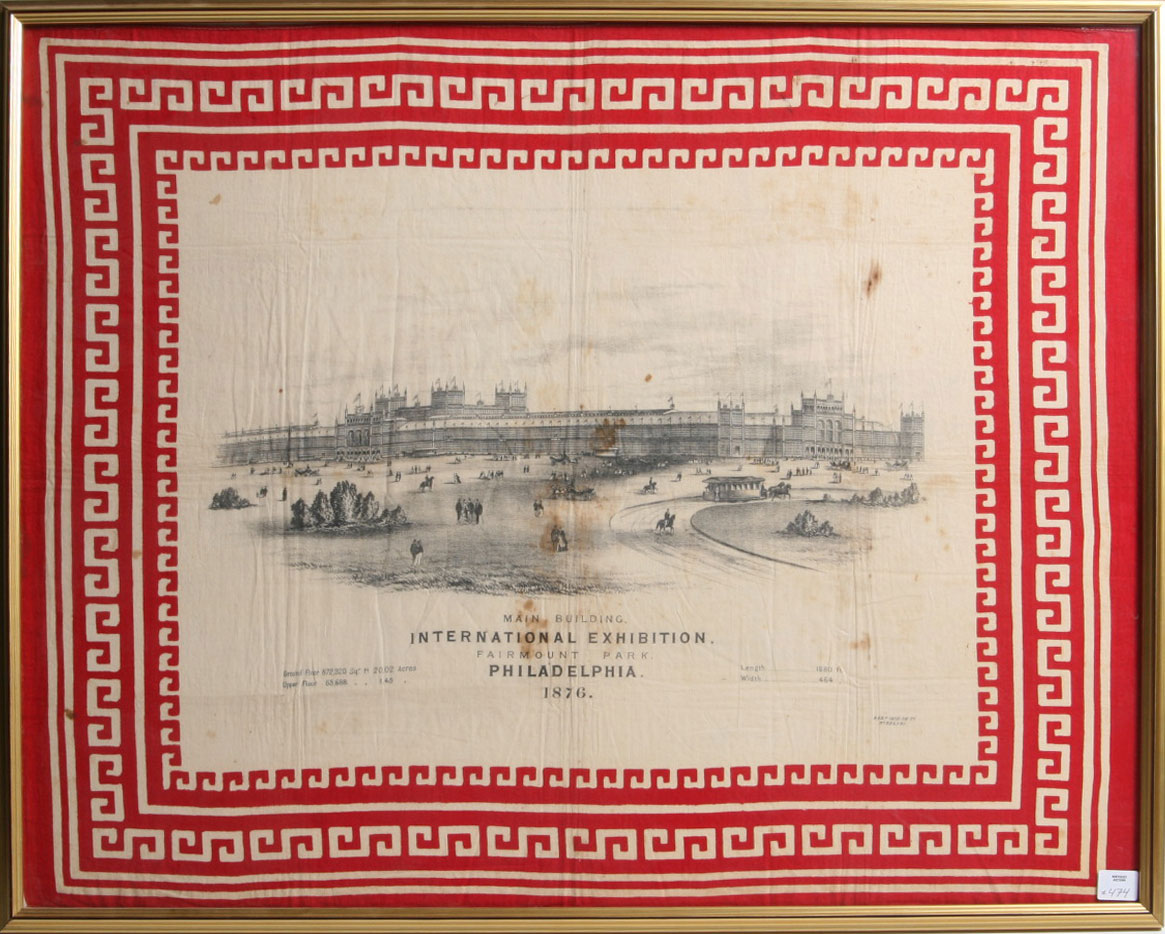 Appraisal: PHILADELPHIA CENTENIAL PRINTED HANDKERCHIEF DEPTICTING THE MAIN BUILDING Height of