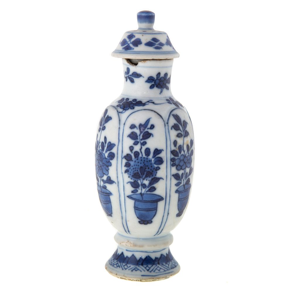 Appraisal: Miniature Chinese Export Blue White Paneled Jar Kang Xi circa