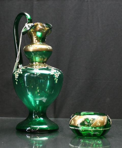 Appraisal: Victorian green glass ewer together with a small salt