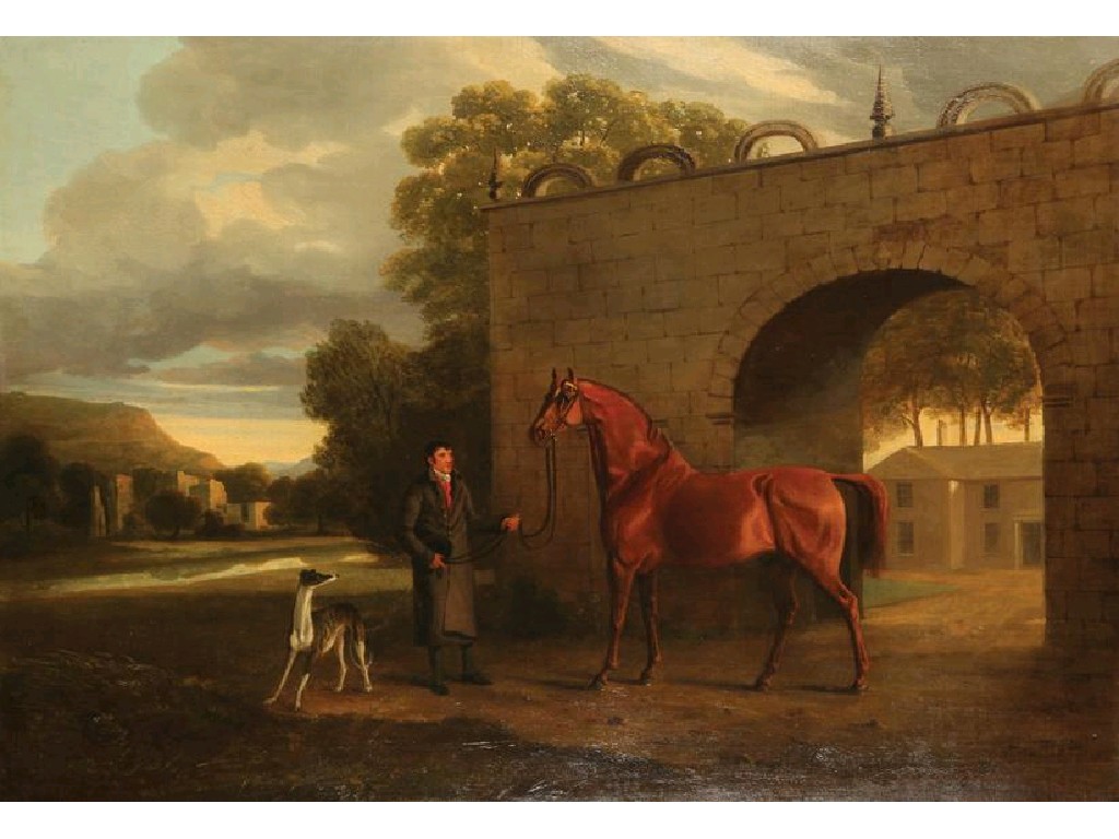 Appraisal: HENRY BERNARD CHALON A groom holding a chestnut mare beside