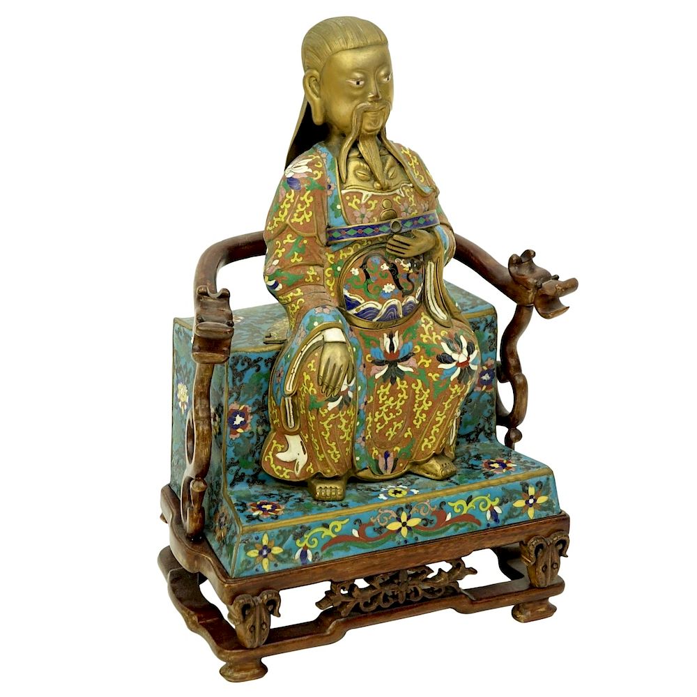 Appraisal: Chinese Cloisonne Emperor Figure On Wood Stand th Century Chinese