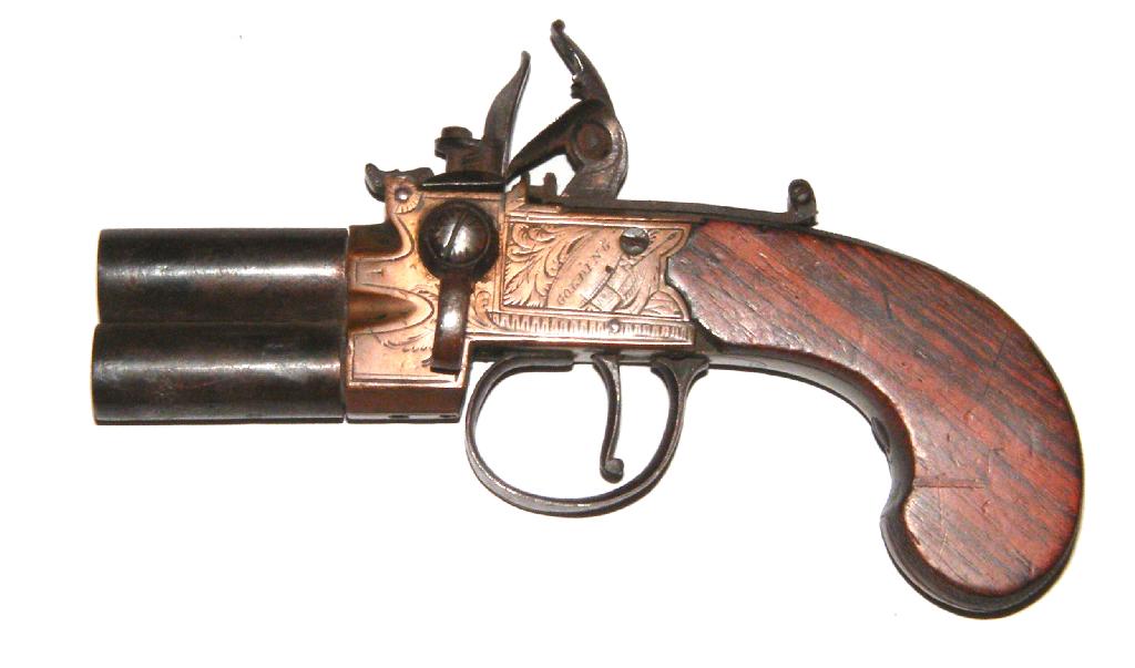 Appraisal: th century flintlock over-and-under pistol brass body signed 'Golding Rugby'