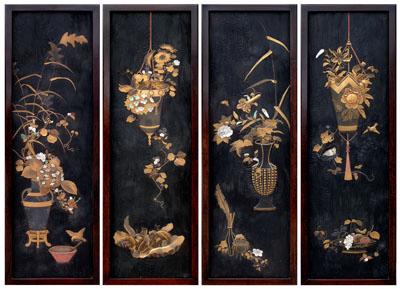 Appraisal: Two Japanese lacquered screens each of two panels one pair