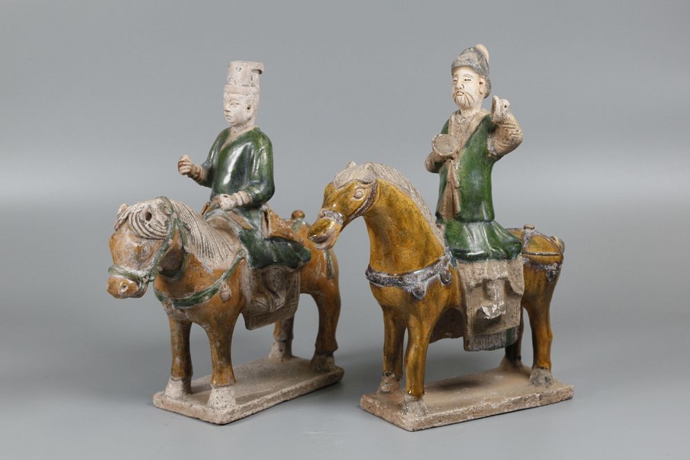 Appraisal: Chinese pottery horses w riders possibly Ming dynasty larger in