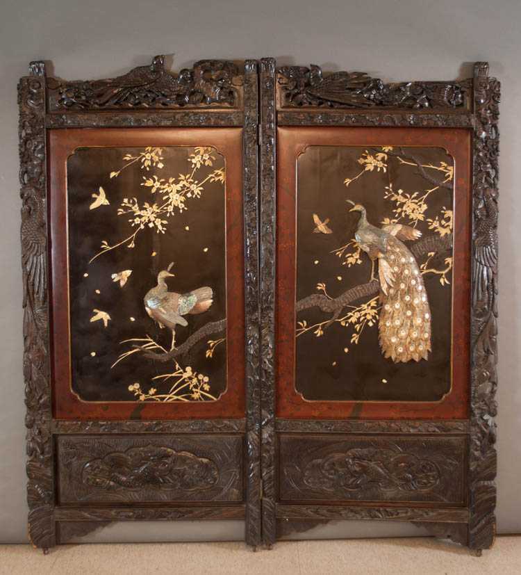 Appraisal: JAPANESE CARVED WOOD BONE MOTHER-OF-PEARL AND LACQUER TWO-FOLD FLOOR SCREEN