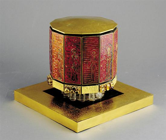 Appraisal: Russian gilt-brass and wood reliquary th centuryslightly domed lid over