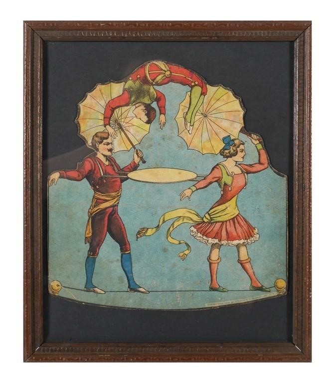 Appraisal: Antique lithograph game toy showing a trio of performers on