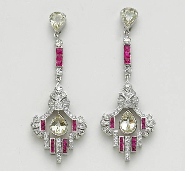 Appraisal: A pair of diamond and ruby pendant earrings estimated total