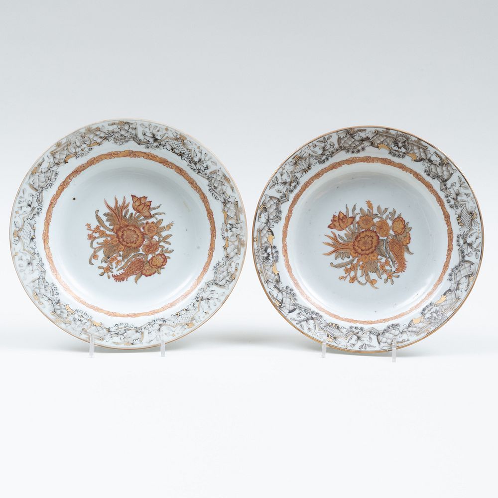 Appraisal: Pair of Chinese Export Gilt and Grisaille Porcelain Soup Plates