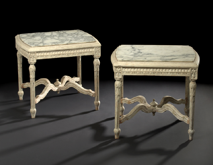 Appraisal: Pair of Louis XVI-Style Carved and Cream-Painted Beechwood and Marble-Top