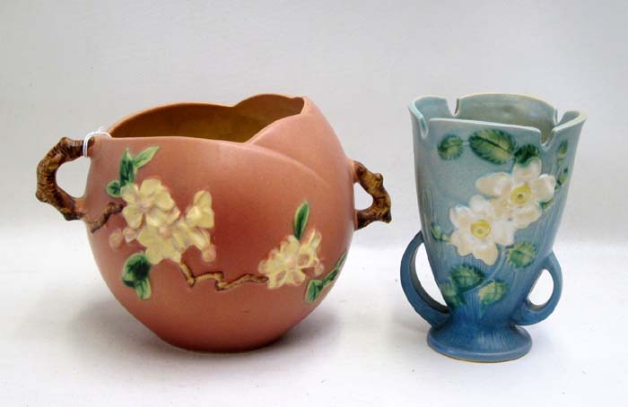 Appraisal: ROSEVILLE ART POTTERY two pieces Apple Blossom jardiniere - c