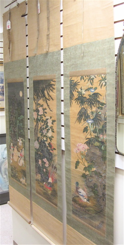 Appraisal: THREE JAPANESE SCROLL PAINTINGS one with exotic pheasant another with