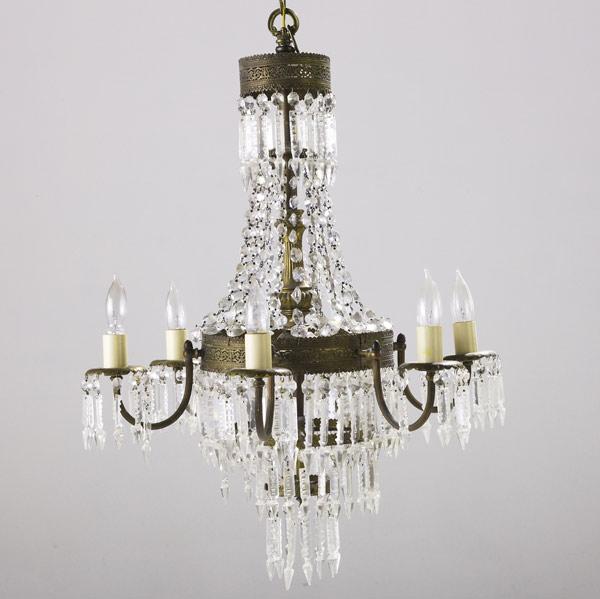 Appraisal: Crystal and bronze chandelier early th C Six-arm multi-prismed in