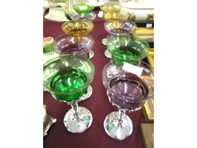 Appraisal: Cambridge Faberware Deco Wine Glasses colored glass inserts with chrome