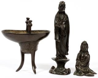 Appraisal: CHINESE BRONZE VESSEL FIGURES THREE PIECES CHINESE BRONZE VESSEL FIGURES