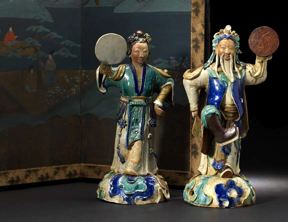 Appraisal: Monumental Pair of Vietnamese Roof Tiles the glazed stoneware figures