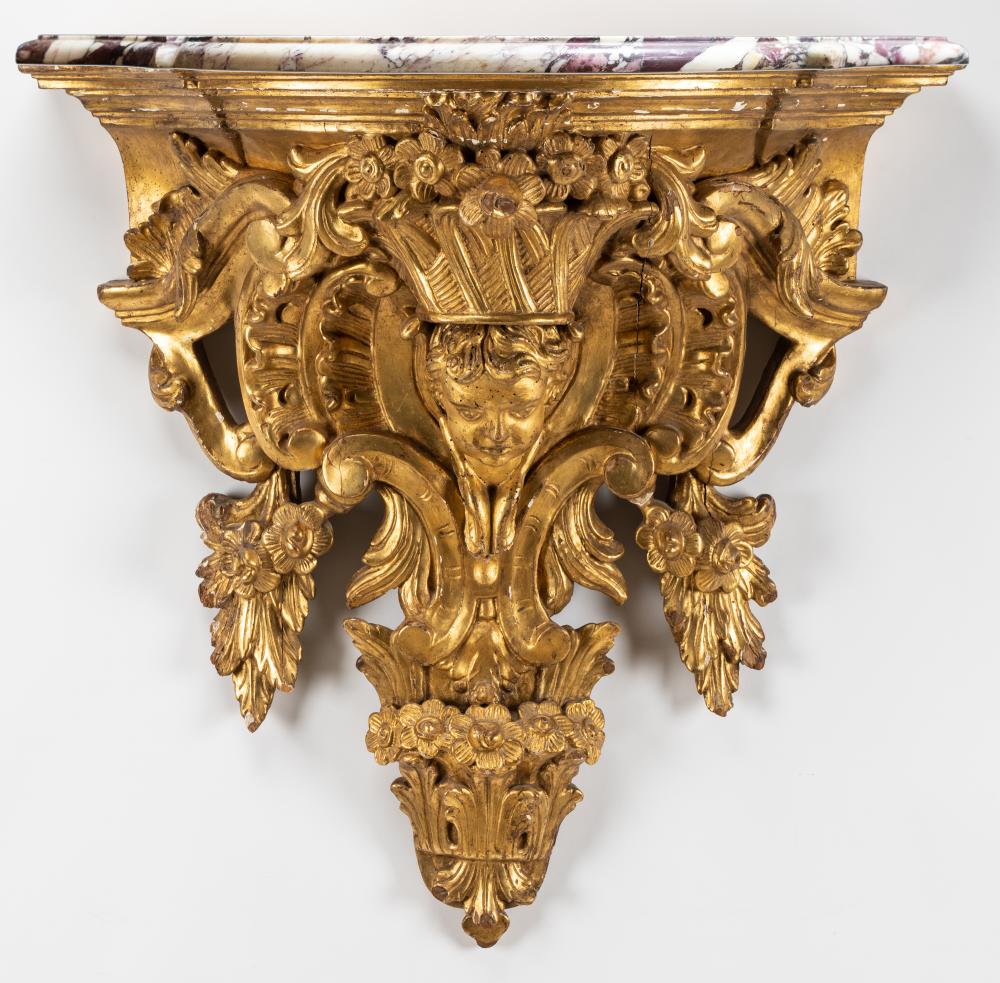 Appraisal: ITALIAN GILTWOOD CONSOLE TABLEwith demilune marble top Condition cracks and