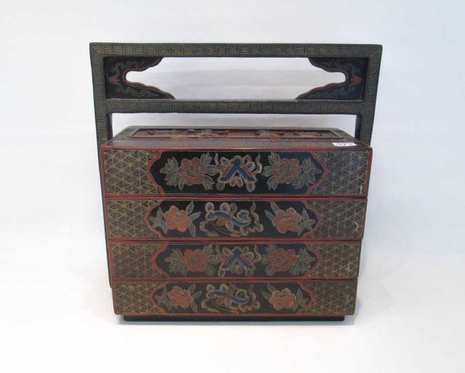 Appraisal: CHINESE LACQUER FOOD STORAGE BASKET rectangular form with wood handle