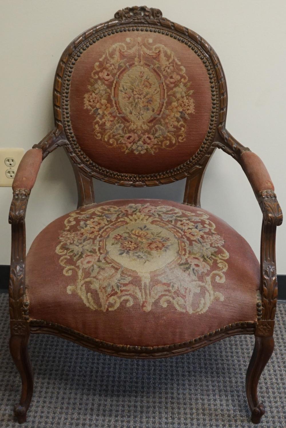 Appraisal: Provincial Style Walnut and Needlepoint Upholstered Armchair H in cm