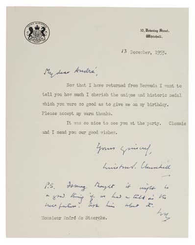 Appraisal: CHURCHILL WINSTON Typed Letter Signed to Andre de Staercke thanking